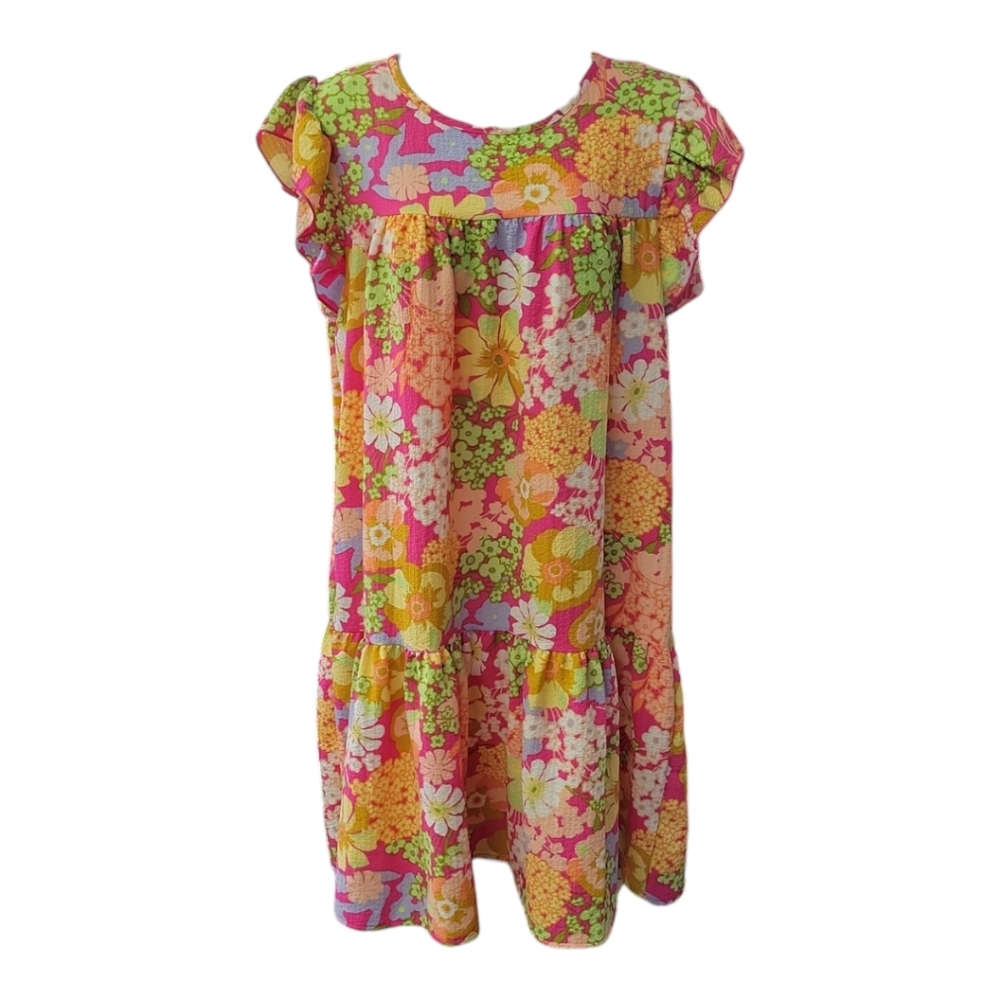 Haptics | Lime&Pink Floral Print | Ruffle Tiered, Capped Sleeve Dress | Small ♥️